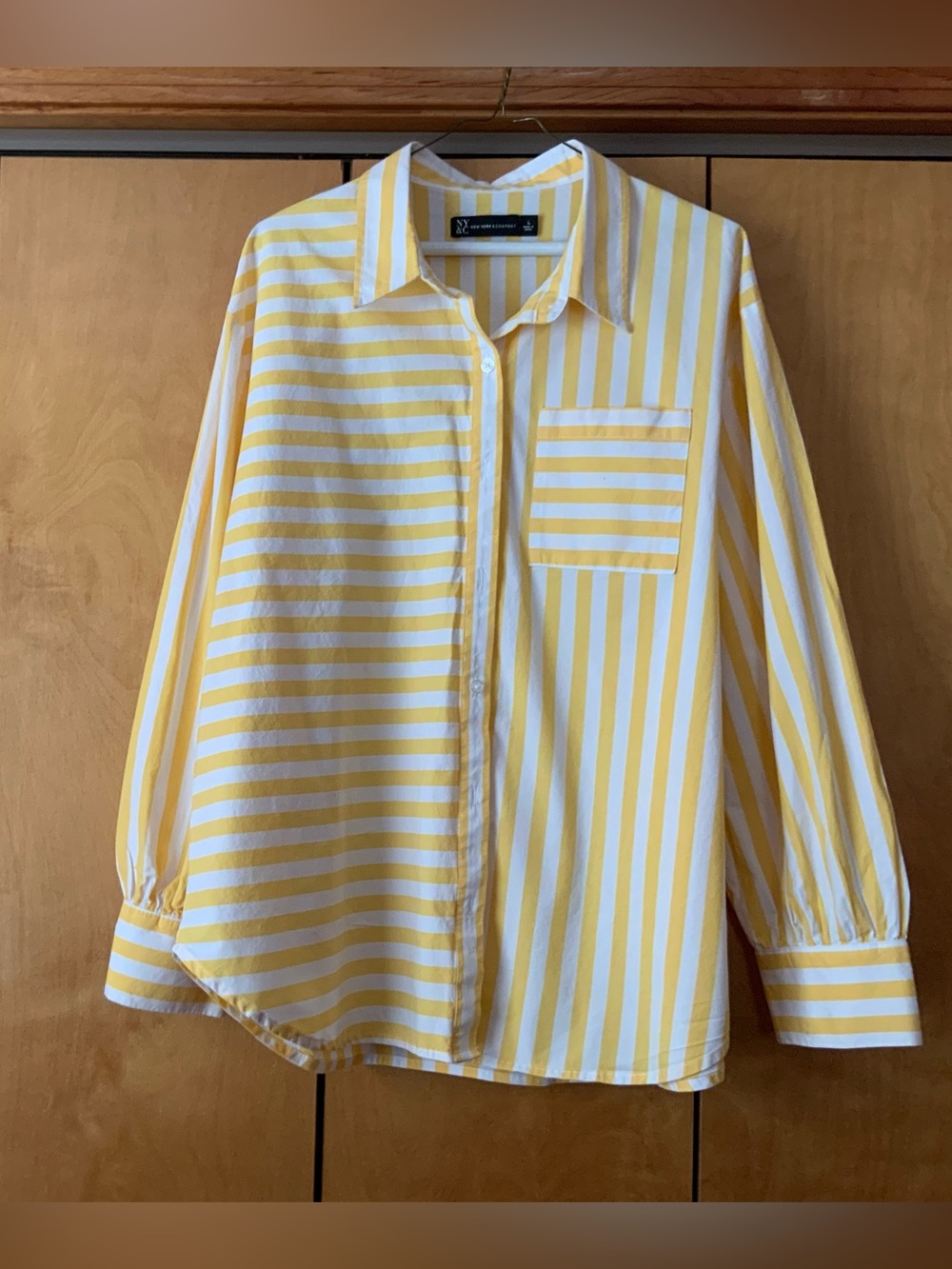 New York & Company Yellow and White Striped Button Front Blouse